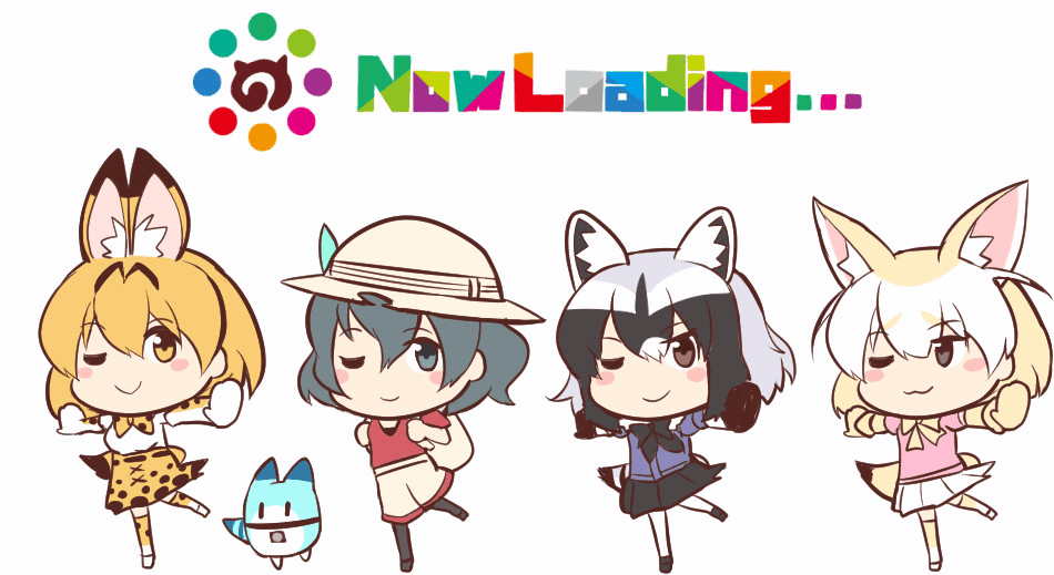 4girls :3 animal_ears animated animated_gif backpack bag black_hair blonde_hair bow bowtie brown_eyes bucket_hat closed_eyes commentary_request elbow_gloves english fennec_(kemono_friends) fox_ears fox_tail fur_trim gloves green_hair grey_eyes grey_hair hair_between_eyes hat hat_feather ido_(teketeke) japari_symbol kaban_(kemono_friends) kemono_friends loading_screen lucky_beast_(kemono_friends) multicolored_hair multiple_girls one_eye_closed outstretched_arms pantyhose_under_shorts pleated_skirt puffy_short_sleeves puffy_sleeves raccoon_(kemono_friends) raccoon_ears raccoon_tail serval_(kemono_friends) serval_ears serval_print serval_tail shirt short_hair short_sleeves shorts skirt sleeveless sleeveless_shirt smile spinning spread_arms standing standing_on_one_leg striped_tail t-shirt tagme tail thigh-highs ugoira