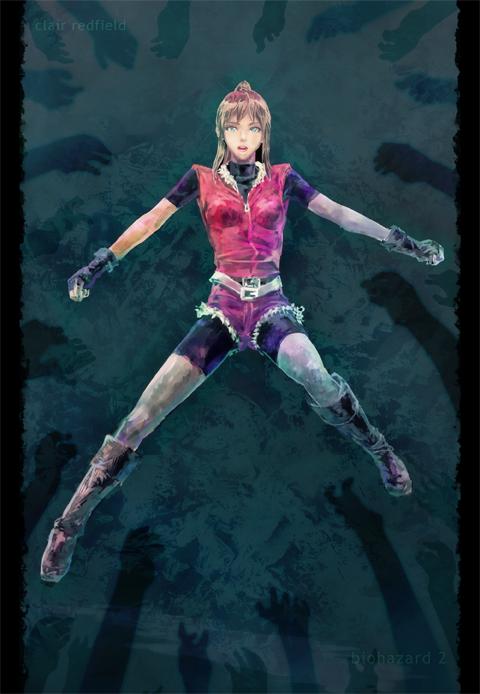 1girl belt bike_shorts blue_eyes boots breasts brown_hair claire_redfield denim fingerless_gloves full_body gloves long_hair looking_at_viewer medium_breasts open_mouth ponytail resident_evil resident_evil_2 sidelocks solo tamago_tomato