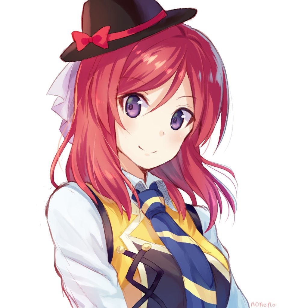 1girl arms_at_sides artist_name blue_necktie closed_mouth collared_shirt eyebrows_visible_through_hair fedora hat looking_at_viewer love_live! love_live!_school_idol_project necktie nishikino_maki nonono redhead shirt simple_background smile solo striped striped_necktie upper_body violet_eyes wavy_hair white_background