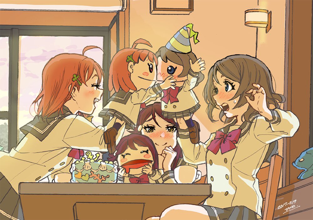 3girls ahoge bangs blue_eyes blush blush_stickers bow bowtie brown_hair cake chair character_doll chin_rest closed_eyes clover_hair_ornament coelacanth cup dated double-breasted drooling fish food hair_ornament hairclip half-closed_eyes hand_puppet hat kiss komesodo leaning_forward long_sleeves love_live! love_live!_sunshine!! multiple_girls open_mouth orange_hair party_hat pleated_skirt puppet red_bow red_bowtie redhead sakurauchi_riko school_uniform serafuku signature sitting skirt smile stuffed_animal stuffed_toy sweatdrop table takami_chika teacup watanabe_you window yellow_eyes yuri