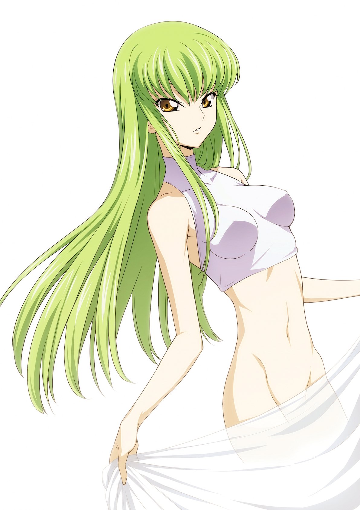 1girl breasts c.c. code_geass green_hair groin highres long_hair looking_at_viewer medium_breasts navel no_pants puma_(hyuma1219) simple_background solo white_background yellow_eyes
