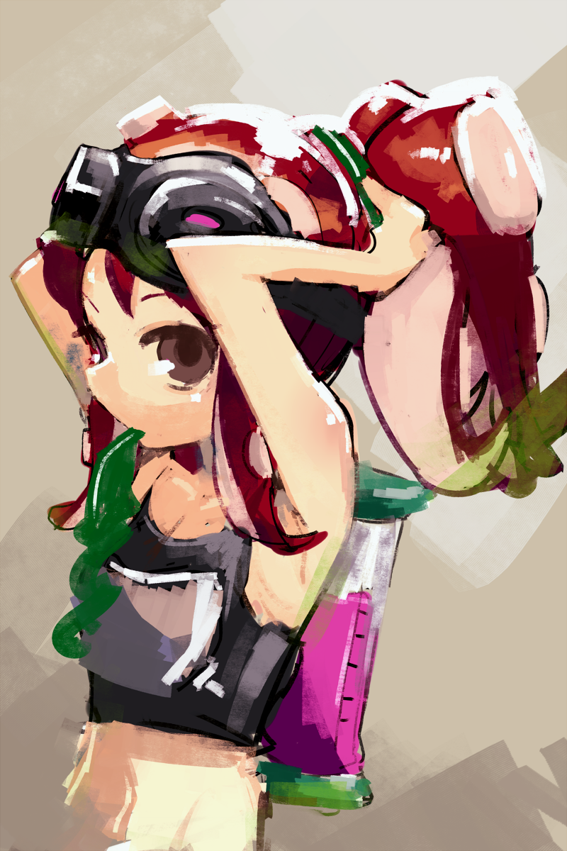 1girl adjusting_hair alternate_hairstyle arms_behind_head arms_up breastplate breasts brown_eyes cleavage goggles goggles_on_head hair_up highres katsudansou long_hair octarian paint ponytail redhead small_breasts solo splatoon takozonesu tentacle_hair tying_hair upper_body