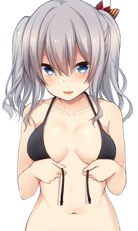 1girl :d alternate_costume bare_shoulders bikini bikini_top black_bikini_top blue_eyes blush breasts collarbone front-tie_bikini front-tie_top kantai_collection kashima_(kantai_collection) looking_at_viewer medium_breasts nagami_yuu navel open_clothes open_mouth silver_hair simple_background smile solo swimsuit tsurime undressing untied untied_bikini upper_body wavy_hair white_background