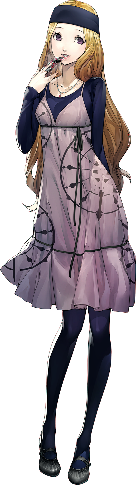 1girl blonde_hair card dress full_body highres jewelry long_hair mifune_chihaya necklace official_art pantyhose persona persona_5 soejima_shigenori solo teeth transparent_background violet_eyes