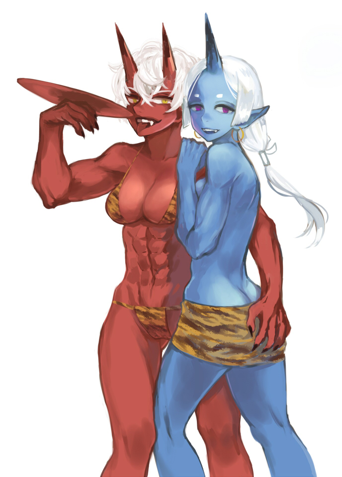 2girls abs ass ass_grab back black_nails blue_oni blue_skin breasts butt_crack cleavage earrings fang folklore forehead groin hoop_earrings horns jewelry loincloth looking_at_viewer medium_breasts monster_girl multiple_girls muscle muscular_female nail_polish oni oni_horns original plate pointy_ears ponytail red_oni red_skin sawa_(textic) sketch smile standing tongue tongue_out violet_eyes white_hair yellow_eyes