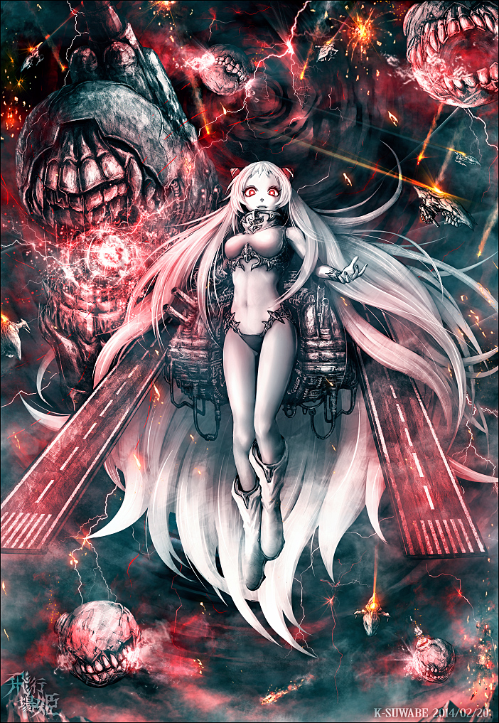 1girl 2014 absurdly_long_hair airfield_hime armor artist_name bikini_armor boots breasts enemy_aircraft_(kantai_collection) energy escort_fortress_(kantai_collection) explosion full_body horns kantai_collection kei-suwabe lightning long_hair machinery medium_breasts monster navel number open_mouth pale_skin parted_lips red_eyes revision runway shinkaisei-kan silver_hair smile smoke solo_focus teeth turret very_long_hair white_hair