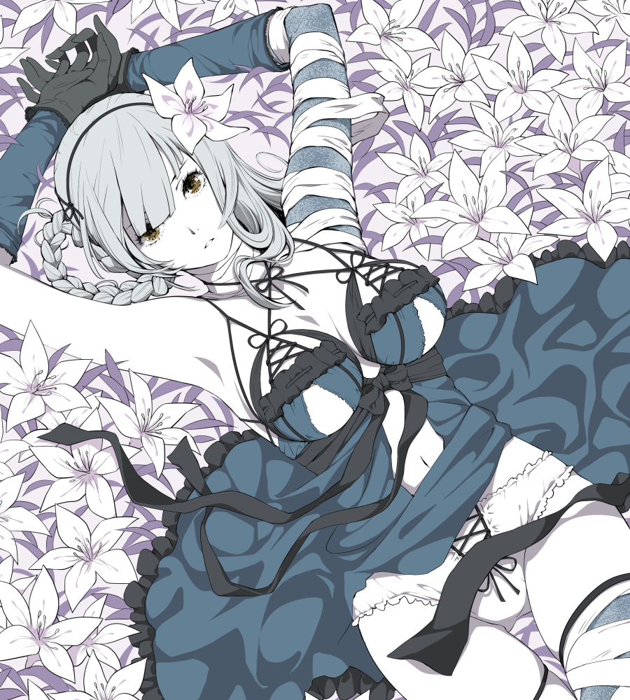 1girl armpits arms_up asymmetrical_clothes asymmetrical_hair bandaged_arm bandaged_leg bangs bare_shoulders black_gloves black_ribbon blue_dress blunt_bangs braid breasts cleavage collarbone dress elbow_gloves flower frilled_panties frills gloves grey_hair hair_flower hair_ornament hair_rings kaine_(nier) lily_(flower) lingerie looking_at_viewer lying medium_breasts mopiwo navel negligee nier nier_(series) on_back panties parted_lips ribbon sash short_hair_with_long_locks single_braid single_thighhigh solo strap_gap thigh-highs thigh_gap underwear weapon white_flower white_panties yellow_eyes