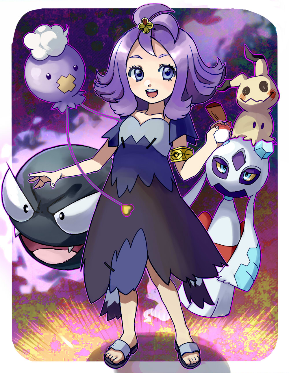 1girl :d acerola_(pokemon) armlet balloon blue_eyes breasts clouds collarbone costume dress drifloon elite_four eyelashes fangs fingernails flipped_hair froslass full_body gastly hair_ornament heart highres holding holding_poke_ball ice looking_at_viewer looking_away looking_to_the_side on_head open_mouth outline pikachu_costume poke_ball pokemon pokemon_(game) pokemon_sm purple purple_hair sandals short_hair short_sleeves small_breasts smile standing stitches tareme teeth tongue topknot torn_clothes torn_dress torn_sleeves trial_captain violet_eyes yellow_sclera yu_(mekeneko1998)