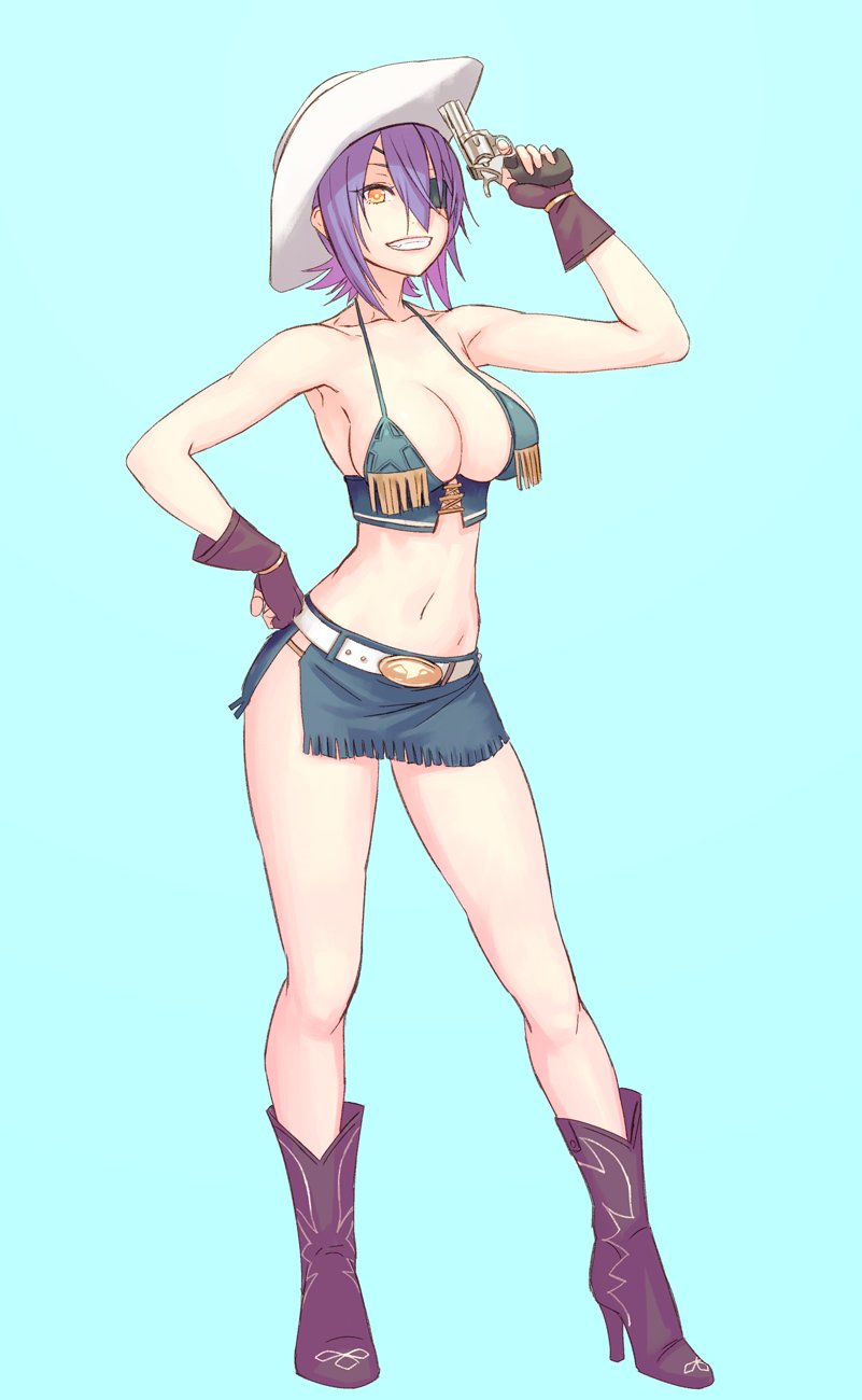 1girl alternate_costume bare_shoulders boots breasts cleavage collarbone commentary_request cosplay cowboy cowboy_boots cowboy_hat crop_top eyepatch full_body grin gun hair_between_eyes hand_on_hip handgun hat highres kantai_collection large_breasts lips midriff miniskirt navel purple_boots purple_hair revolver short_hair simple_background skirt smile tenryuu_(kantai_collection) thighs weapon western yellow_eyes yuuji_(and)