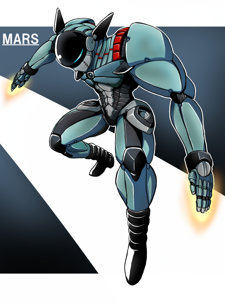 atom:_the_beginning blue_background character_name fighting_stance full_body jetter_mars jetter_mars_(robot) meikuu_(t070299) no_humans simple_background tetsuwan_atom two-tone_background white_background