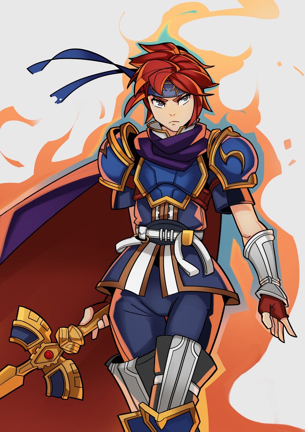 1girl armor blue_eyes cape fire fire_emblem fire_emblem:_fuuin_no_tsurugi genderswap genderswap_(mtf) gloves headband highres long_hair redhead roy_(fire_emblem) simple_background solo splashbrush sword weapon