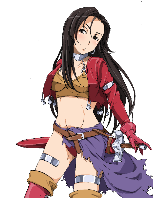 1girl aira_(dq7) black_eyes black_hair breasts dragon_quest dragon_quest_vii earrings gloves jewelry long_hair looking_at_viewer medium_breasts smile solo standing thigh-highs