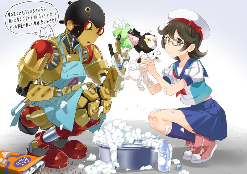 1girl a106 announcement_celebration apron atom:_the_beginning beret brown_eyes brown_hair cat cat_food glasses grey_background hat mirai_denki ochanomizu_ran pink_shoes puffy_short_sleeves puffy_sleeves robot shampoo shoes short_sleeves simple_background sneakers sponge squatting tetsuwan_atom washing washtub