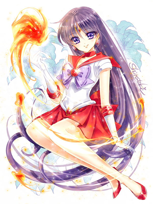 1girl bishoujo_senshi_sailor_moon black_hair bow brooch closed_mouth elbow_gloves fire flower full_body gloves hino_rei jewelry lily_(flower) long_hair looking_at_viewer magical_girl pleated_skirt purple_bow pyrokinesis red_choker red_sailor_collar red_shoes red_skirt sailor_mars shirataki_kaiseki shoes signature skirt smile solo tiara very_long_hair violet_eyes white_gloves