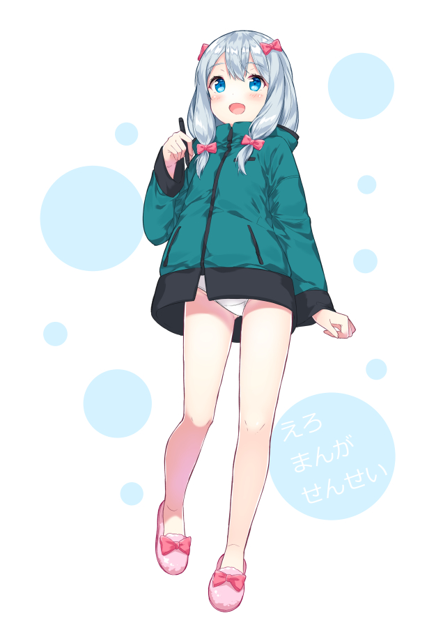 1girl :d blue_eyes blue_hair blush bow chitetan eromanga_sensei full_body hair_bow izumi_sagiri jacket long_hair open_mouth panties pink_bow slippers smile solo standing stylus underwear white_panties