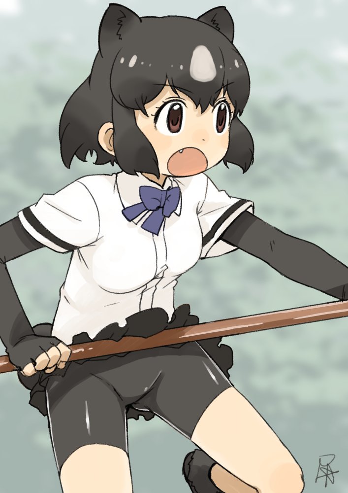 &gt;:o 1girl :o animal_ears ankle_boots bear_ears bear_paw_hammer bear_tail bike_shorts black_boots black_footwear black_gloves black_hair black_skirt blue_ribbon boots brown_bear_(kemono_friends) brown_eyes collar collared_shirt commentary dot_nose elbow_gloves eyebrows_visible_through_hair eyelashes fang fingerless_gloves fingernails gloves grey_hair groin holding holding_weapon kemono_friends leg_lift looking_away multicolored_hair neck_ribbon open_mouth outdoors pleated_skirt ribbon sanpaku satsuyo shiny shiny_clothes shiny_hair shirt short_hair short_sleeves shorts_under_skirt signature skirt skirt_lift solo tail tareme weapon white_shirt wing_collar