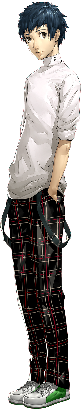 1boy black_hair brown_eyes closed_mouth full_body hands_in_pockets highres legs_together light_smile lips long_image long_sleeves looking_at_viewer male_focus mishima_yuuki official_art pants persona persona_5 plaid plaid_pants pocket shiny shiny_hair shoes sleeves_pushed_up sneakers soejima_shigenori solo standing sweater tall_image transparent_background white_shoes white_sweater