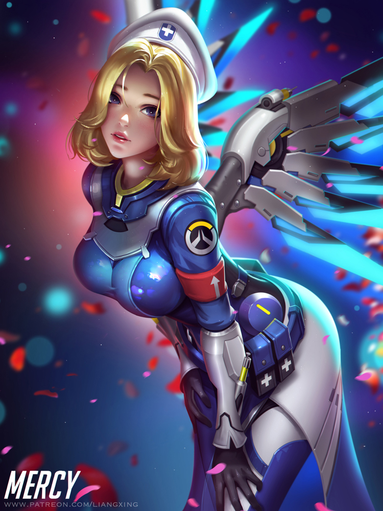 1girl armlet bangs belt_pouch black_gloves blonde_hair blue_bodysuit blue_eyes blush bodysuit breasts character_name cowboy_shot cross gloves hat large_breasts leaning_forward liang_xing looking_at_viewer mechanical_wings mercy_(overwatch) overwatch parted_bangs parted_lips patreon_username solo wings