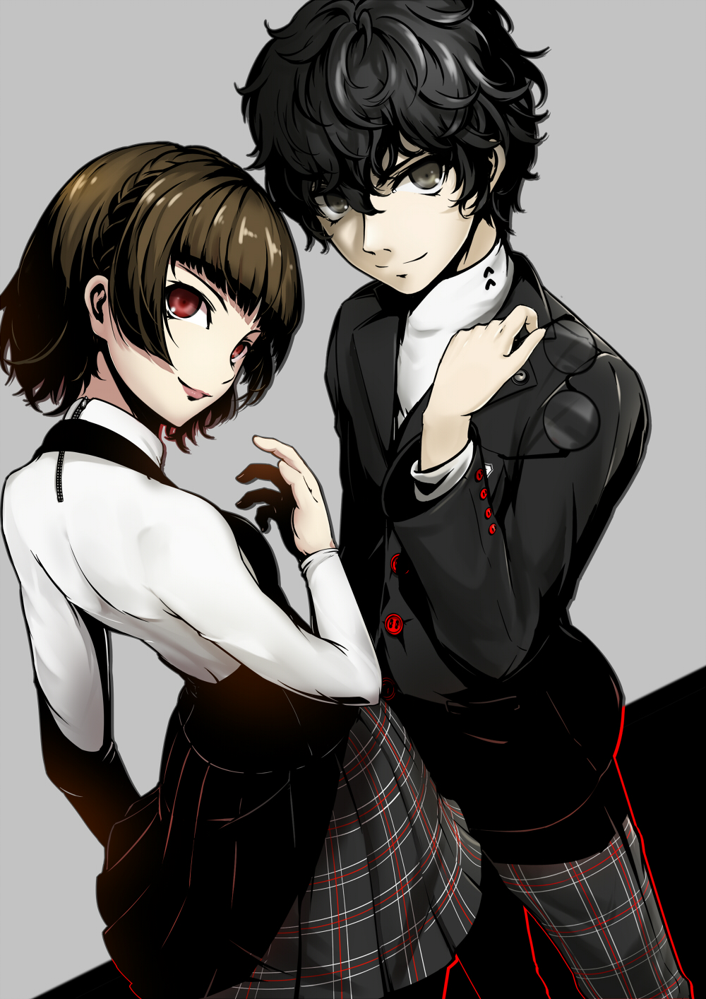 1boy 1girl arm_at_side back backless_outfit black_hair braid brown_hair buttons cowboy_shot facing_another glasses grey_eyes hand_up highres holding holding_glasses jacket kurusu_akira lancefate lips long_sleeves looking_at_viewer looking_back niijima_makoto pants persona persona_5 red_eyes red_lips school_uniform shirt short_hair skirt smile standing turtleneck