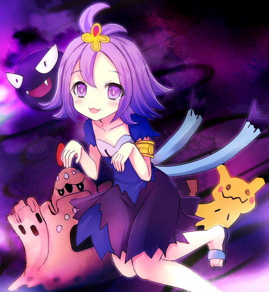 1girl :3 :d acerola_(pokemon) armlet bare_arms blush bright_pupils collarbone costume dress elite_four eyebrows_visible_through_hair eyes_visible_through_hair flat_chest flipped_hair gastly hair_between_eyes hair_ornament leg_up looking_at_viewer mimikyu open_mouth palossand pikachu_costume pokemon pokemon_(creature) pokemon_(game) pokemon_sm purple purple_background purple_hair sand sand_castle sand_sculpture sandals short_hair short_sleeves shovel smile standing standing_on_one_leg stitches tareme terimuku. toenails tongue topknot torn_clothes torn_dress torn_sleeves trial_captain violet_eyes worktool z-move