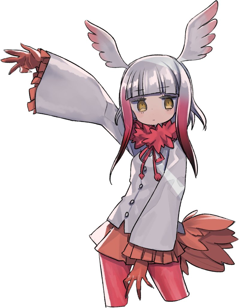 1girl :| arm_up bangs bird_tail bird_wings blunt_bangs buttons closed_mouth collar cowboy_shot crested_ibis_(kemono_friends) cropped_legs dot_nose drawstring expressionless eyebrows_visible_through_hair eyelashes frilled_sleeves frills fur_collar gloves gradient_hair head_wings jitome kemono_friends light_brown_eyes long_sleeves looking_at_viewer multicolored_hair pantyhose pleated_skirt red_gloves red_legwear red_skirt redhead ritsu_(roboroboro) shiny shiny_hair shirt short_hair short_hair_with_long_locks simple_background skirt solo tail tail_feathers two-tone_hair white_background white_hair white_shirt wide_sleeves wings