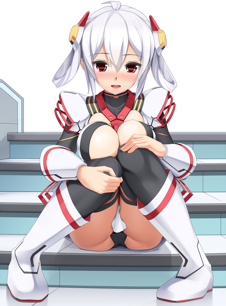 1girl :d black_legwear blush boots breasts cleavage cleavage_cutout edea_cluster eto full_body hair_between_eyes hair_rings hands_on_own_knees knees_together_feet_apart large_breasts looking_at_viewer matoi_(pso2) nose_blush open_mouth phantasy_star phantasy_star_online_2 red_eyes revision short_hair silver_hair sitting smile solo stairs thigh-highs white_background