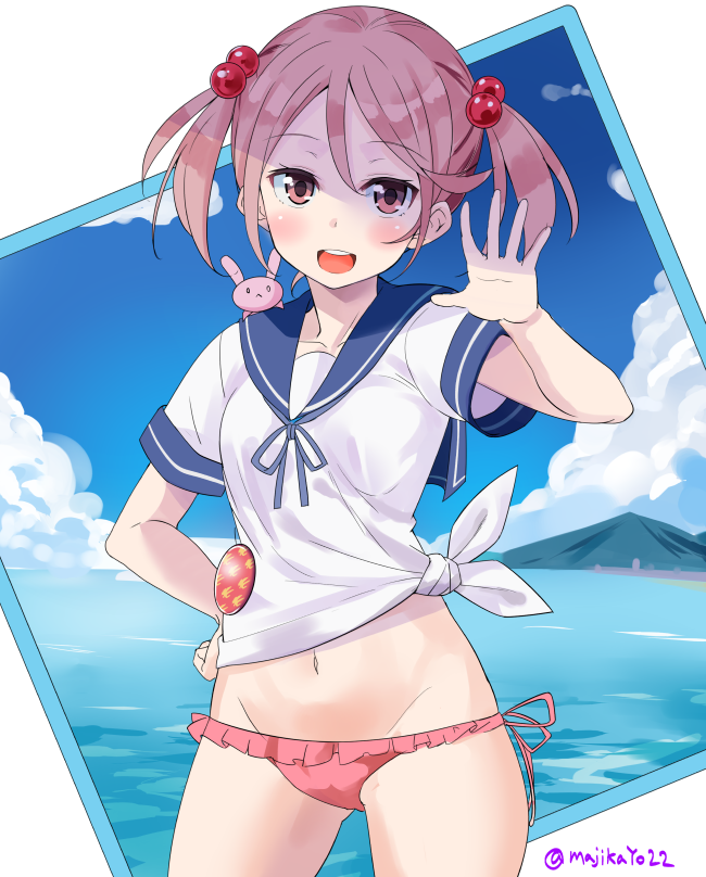 1girl animal animal_on_shoulder badge bangs bikini bikini_bottom blue_sky blush breasts button_badge clouds commentary day frilled_bikini frills hair_bobbles hair_ornament hand_on_hip hand_up kantai_collection looking_at_viewer maji_(etonato) mountain navel no_pants ocean open_mouth pink_eyes pink_hair rabbit sazanami_(kantai_collection) school_uniform serafuku shirt sky small_breasts smile solo standing swimsuit twintails twitter_username