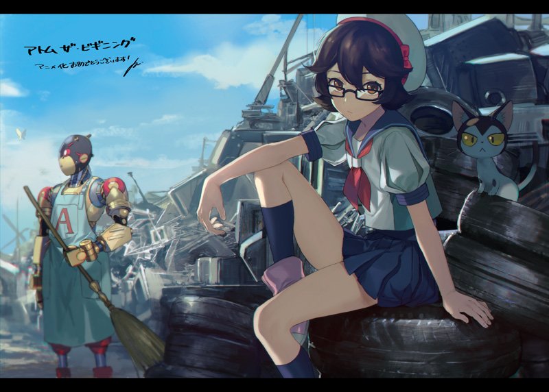 1girl a106 akira_hou announcement_celebration apron arm_rest atom:_the_beginning beret black_hair blue_skirt blue_sky broom brown_eyes butterfly cat clouds glasses hat junkyard letterboxed looking_at_viewer neckerchief ochanomizu_ran pink_shoes shoes short_hair sitting skirt sky sneakers socks solo tetsuwan_atom