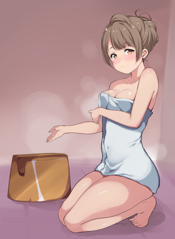 1girl alp bare_legs bare_shoulders barefoot blush breasts brown_eyes brown_hair cleavage covered_navel hair_up kneeling looking_at_viewer love_live! medium_breasts minami_kotori naked_towel outstretched_hand smile solo steam thighs towel white_towel