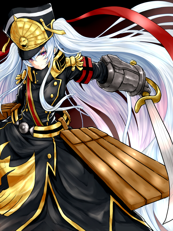 1girl azure_luna gunpuku_no_himegimi hat military military_uniform re:creators red_eyes saber_(weapon) shako_cap sword uniform weapon white_hair