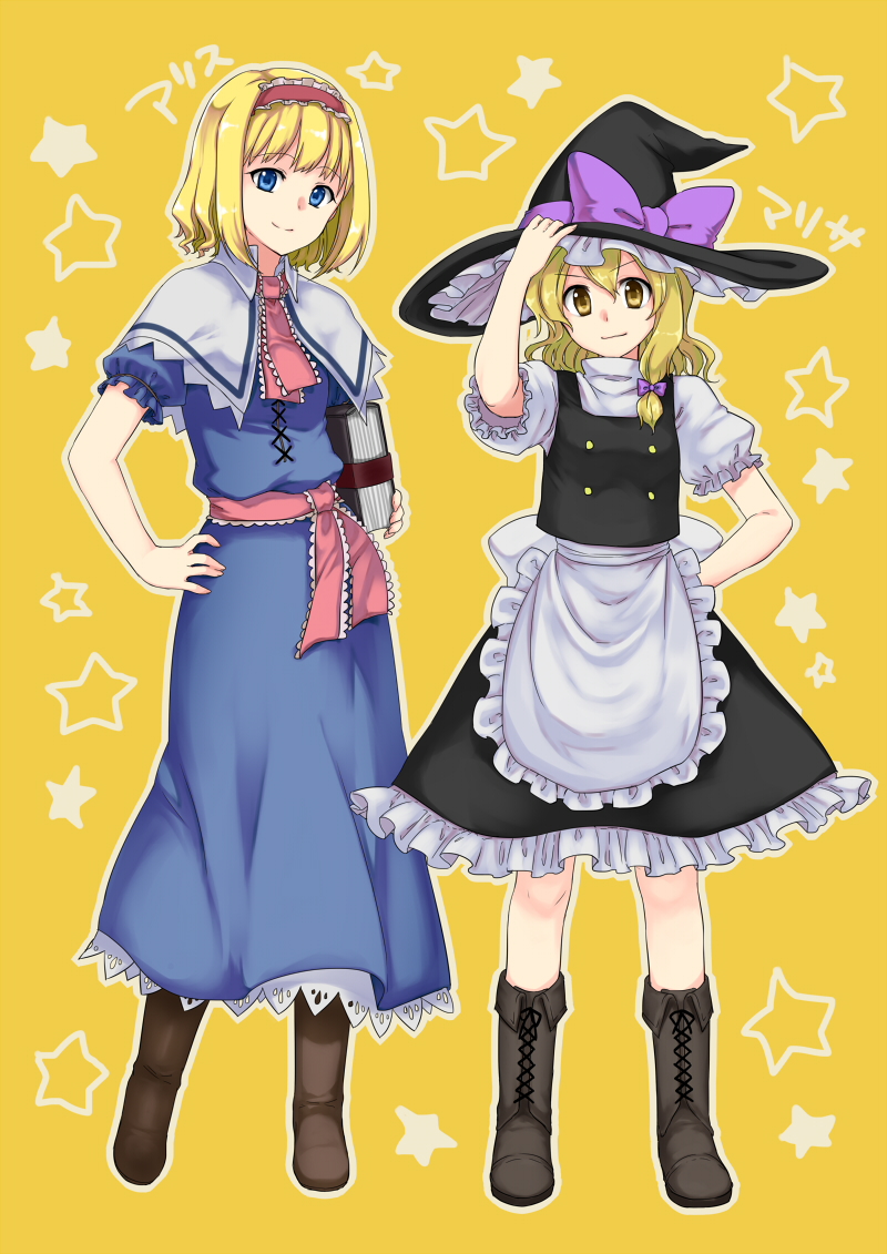 2girls alice_margatroid apron bangs black_skirt black_vest blonde_hair blue_dress blue_eyes book boots bow brown_boots capelet dress frilled_apron frilled_skirt frills full_body hair_between_eyes hair_bow hairband hand_in_pocket hand_on_headwear hand_on_hip hat hat_bow holding holding_book kirisame_marisa knee_boots long_hair monrooru multiple_girls puffy_short_sleeves puffy_sleeves ribbon short_hair short_sleeves single_sidelock skirt standing star starry_background touhou turtleneck vest waist_apron witch_hat yellow_background yellow_eyes