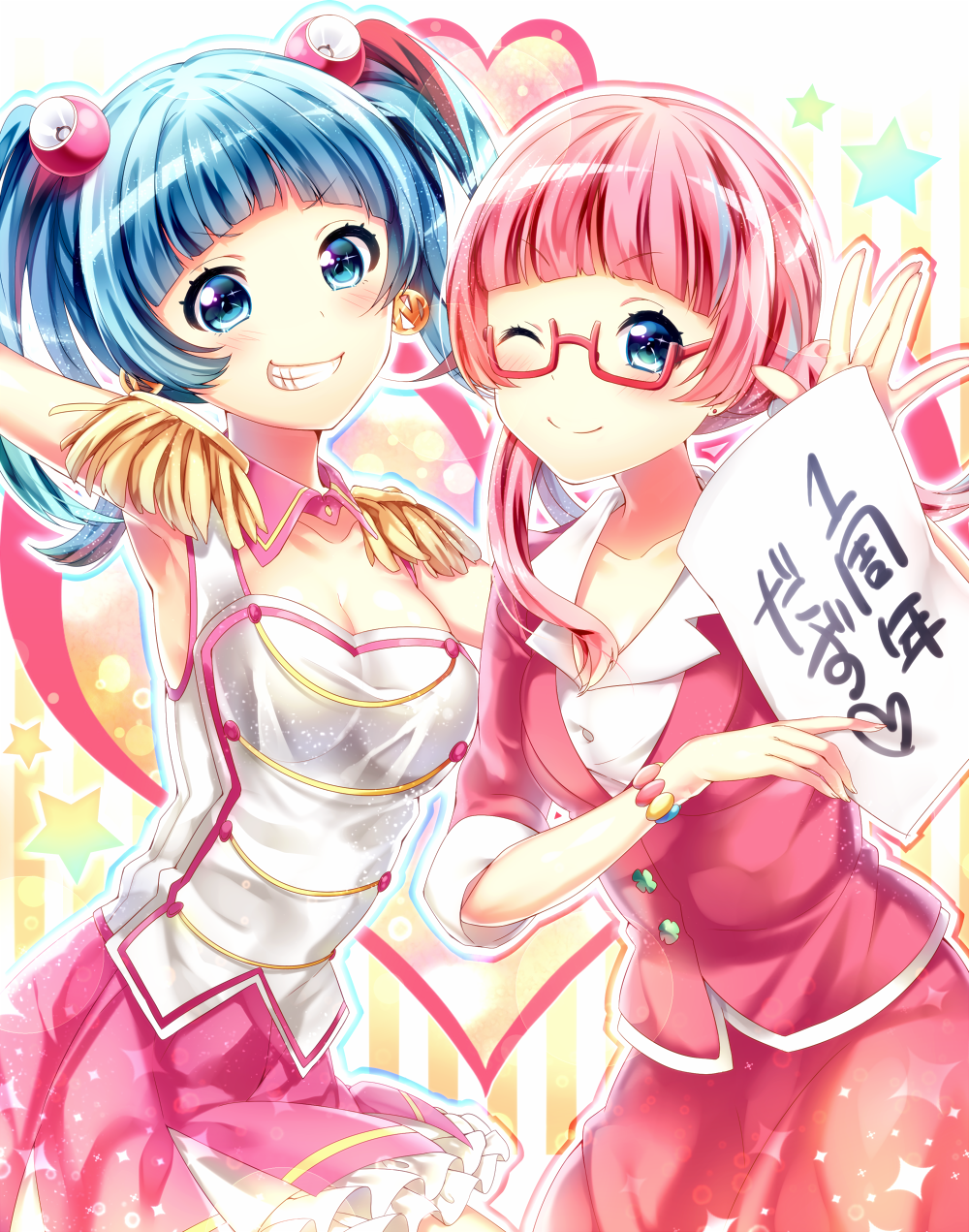 2girls ;) blue_eyes blue_hair blush bracelet breasts cleavage epaulettes eyebrows_visible_through_hair glasses grin hair_bobbles hair_ornament highres jewelry large_breasts looking_at_viewer medium_hair miniskirt multicolored_hair multiple_girls nanasaki_nicole ntk_(7t5) one_eye_closed open_mouth paper pink_hair pink_skirt rokusaki_coney semi-rimless_glasses skirt smile teeth text tokyo_7th_sisters translated twintails two-tone_hair