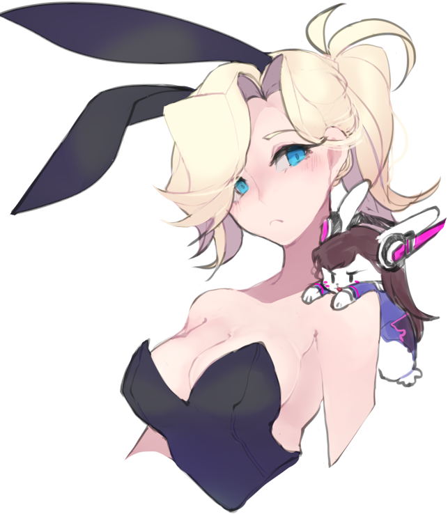 1girl animal_ears animalization bare_shoulders blonde_hair blue_eyes breasts brown_hair bunnysuit cropped_arms cropped_torso d.va_(overwatch) fake_animal_ears high_ponytail large_breasts long_hair mercy_(overwatch) mwo_imma_hwag overwatch rabbit rabbit_ears simple_background whisker_markings white_background