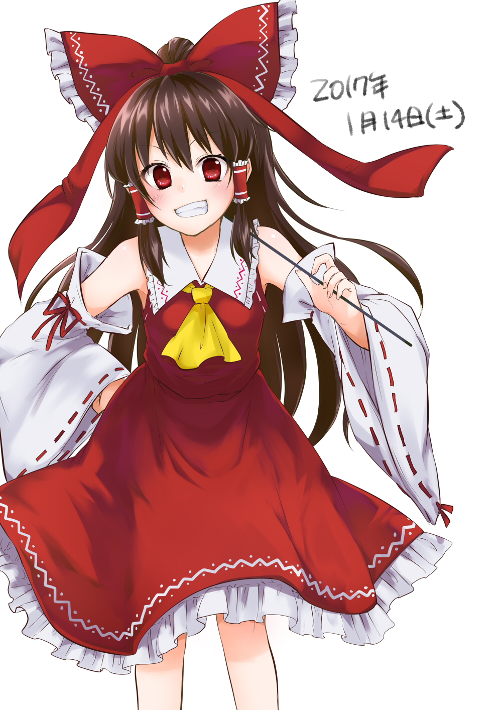 1girl alternate_hairstyle arm_ribbon ascot bangs blush bow brown_hair dated detached_sleeves frilled_bow frilled_skirt frills gohei grin hair_between_eyes hair_bow hair_ribbon hair_tubes hakurei_reimu hand_on_hip head_tilt highres long_hair looking_at_viewer monrooru red_eyes reflective_eyes ribbon ribbon-trimmed_clothes ribbon-trimmed_sleeves ribbon_trim shiny shiny_hair shirt simple_background skirt sleeveless sleeveless_shirt smile solo touhou very_long_hair white_background wide_sleeves