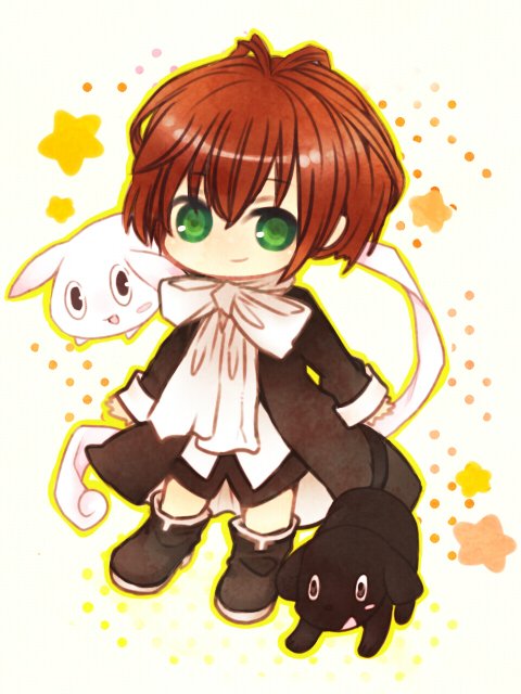 boots bow brown_hair chibi dog ecchan fenrir_(matantei_loki_ragnarok) green_eyes loki_(matantei_loki_ragnarok) matantei_loki_ragnarok smile