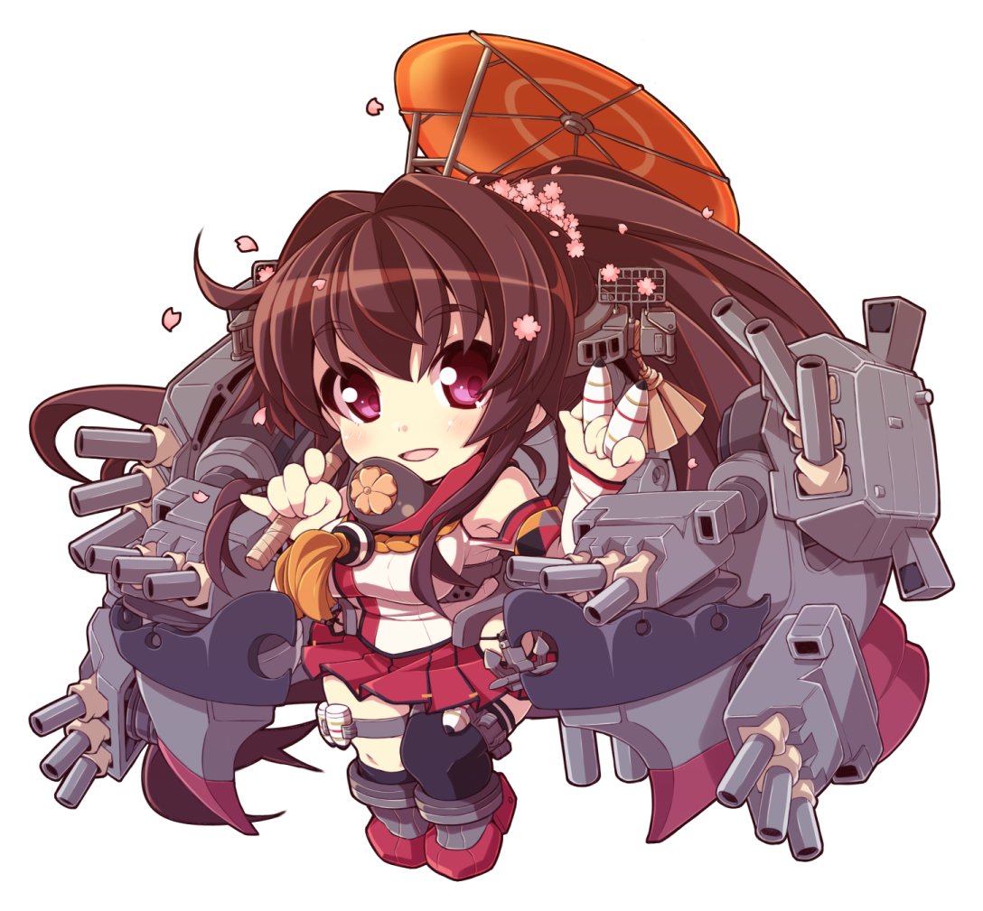 1girl anchor asymmetrical_legwear auburn_hair breasts chibi collar crazy_developers detached_sleeves flower hair_flower hair_intakes hair_ornament hip_vent kantai_collection long_hair medium_breasts open_mouth pleated_skirt ponytail red_skirt rigging simple_background skirt solo thigh-highs turret type_91_armor-piercing_shell umbrella very_long_hair violet_eyes white_background yamato_(kantai_collection) zulu_(naval_flag)