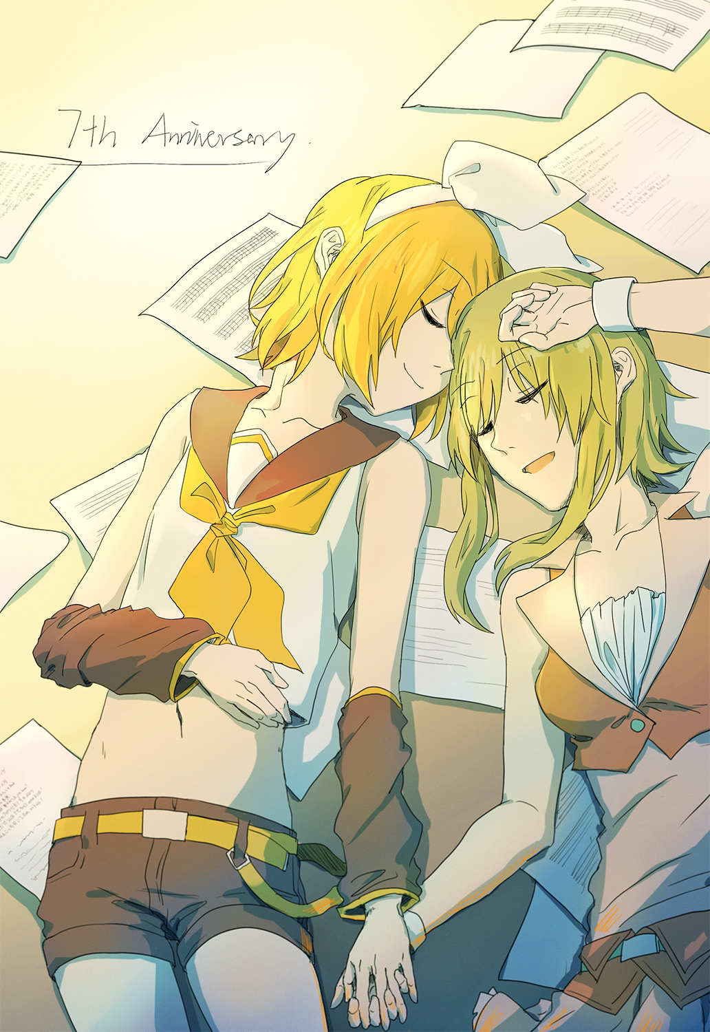 2girls _ul anniversary blonde_hair bow closed_eyes crop_top detached_sleeves green_hair gumi hair_bow hair_ornament hairclip hand_holding hand_on_own_head hand_on_own_stomach highres interlocked_fingers kagamine_rin leaning_on_person leaning_to_the_side leg_warmers midriff multiple_girls navel open_mouth ruffled_skirt sailor_collar sheet_music short_hair shorts smile vocaloid wrist_cuffs yuri