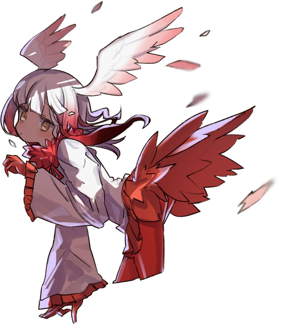 1girl :| bangs bird_tail bird_wings blunt_bangs blurry blush clenched_hand closed_mouth collar cowboy_shot crested_ibis_(kemono_friends) cropped_legs depth_of_field drawstring expressionless eyebrows_visible_through_hair eyelashes feathered_wings feathers floating_hair flowing_hair frilled_sleeves frills from_side fur_collar gloves gradient_hair hand_up head_wings jitome kemono_friends long_sleeves looking_at_viewer multicolored_hair pantyhose pleated_skirt red_gloves red_legwear red_skirt ritsu_(roboroboro) shirt short_hair short_hair_with_long_locks sidelocks simple_background skirt solo tail tail_feathers two-tone_hair white_background white_shirt wide_sleeves wind wings yellow_eyes