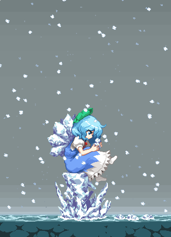 1girl bangs blue_eyes blue_hair bow cirno closed_mouth dress eyebrows_visible_through_hair from_side green_bow hair_bow holding ice ice_wings looking_down lowres no_shoes outdoors pixel_art puffy_short_sleeves puffy_sleeves short_sleeves sitting sitting_on_object snowing solo takorin touhou white_legwear wings