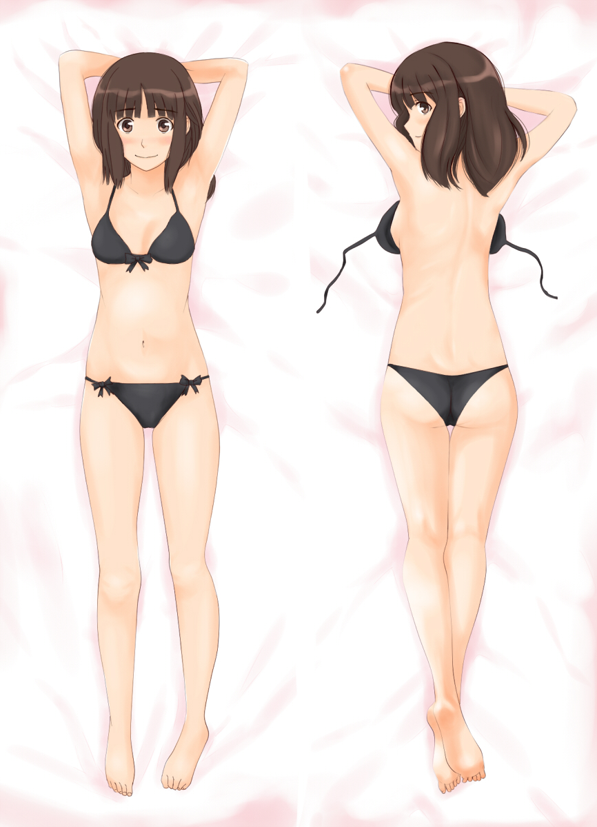 1girl amagami arm_pillow ass barefoot bikini blush bow_bikini breasts brown_eyes brown_hair groin highres looking_at_viewer lying navel on_back on_stomach short_hair sideboob small_breasts smile swimsuit takemi_kaoru tanaka_keiko thighs