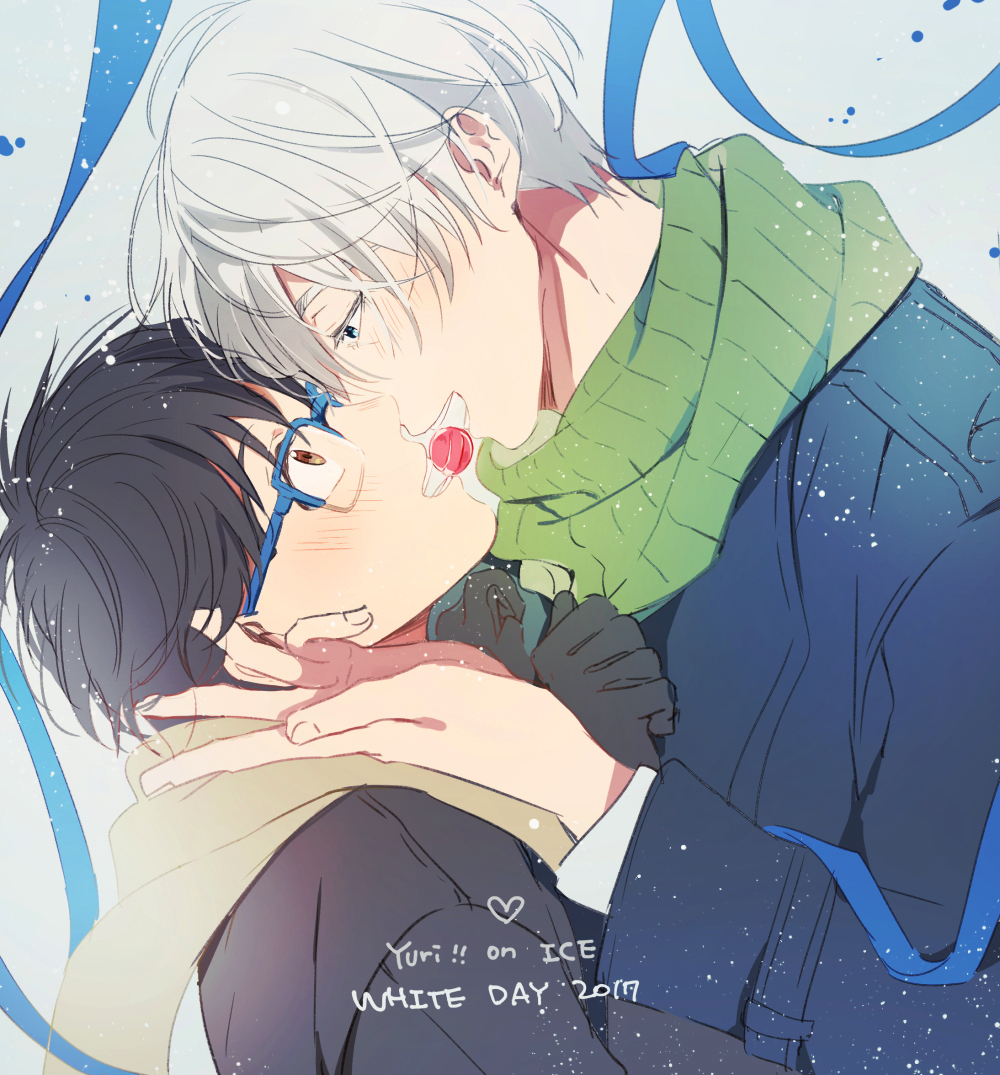 2017 2boys black_gloves black_hair blue_eyes blush brown_eyes candy copyright_name eunram eye_contact food glasses gloves katsuki_yuuri looking_at_another male_focus multiple_boys open_mouth scarf shared_food silver_hair smile viktor_nikiforov white_day yaoi yuri!!!_on_ice