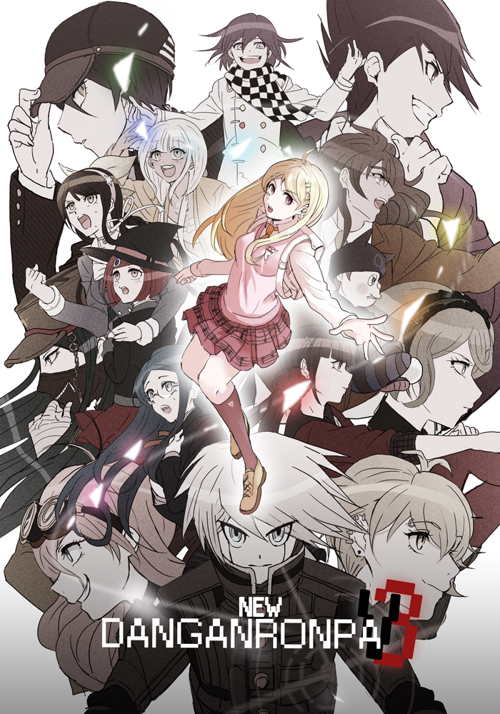 6+boys 6+girls adjusting_clothes adjusting_hat ahoge akamatsu_kaede amami_rantarou android backpack bag bandage baseball_cap blonde_hair blue_hair braid brown_hair chabashira_tenko copyright_name covered_mouth dangan_ronpa dark_skin earrings everyone facial_hair glasses goatee goggles gokuhara_gonta green_hair grin hair_ornament hair_ribbon hairclip harukawa_maki hat hoshi_ryouma iruma_miu jewelry keebo kiyomiya kneehighs long_hair military_hat momota_kaito multiple_boys multiple_girls new_dangan_ronpa_v3 open_mouth ouma_kokichi outstretched_arm purple_hair purple_legwear redhead ribbon saihara_shuuichi school_uniform serafuku shinguuji_korekiyo shirogane_tsumugi smile spiky_hair straitjacket sweater_vest toujou_kirumi violet_eyes white_hair witch_hat yonaga_angie yumeno_himiko