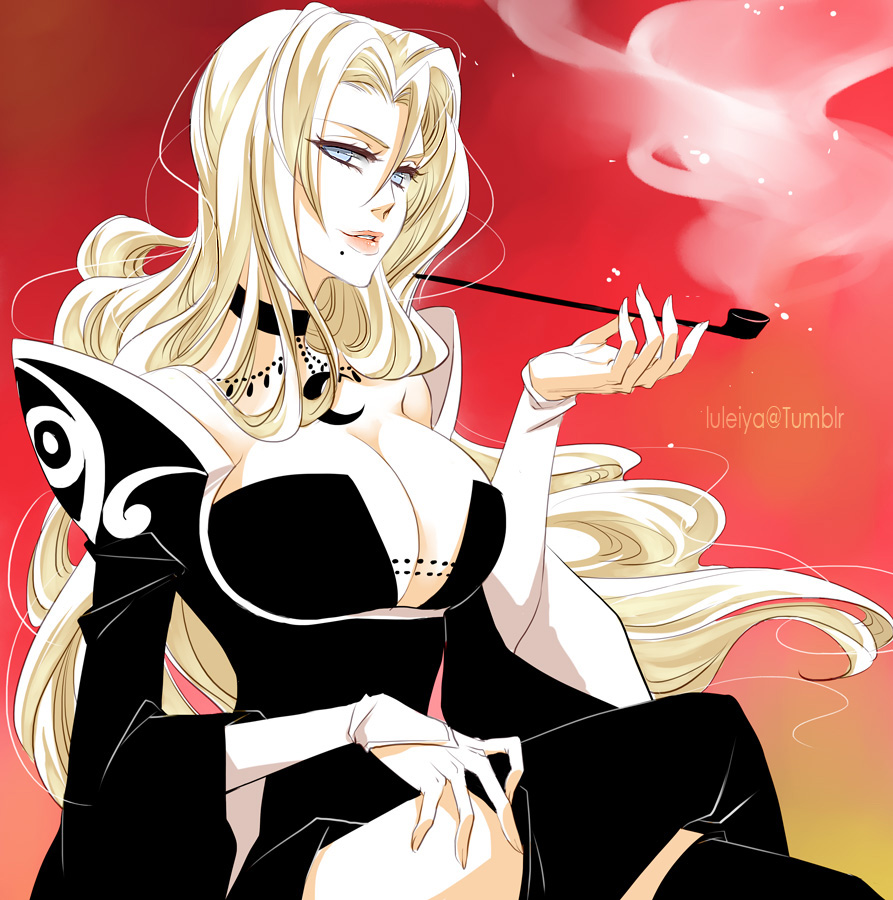 1girl alexa_pasztor artist_name bare_shoulders black_dress bleach blonde_hair blue_eyes breasts choker cleavage cosplay dress ichihara_yuuko ichihara_yuuko_(cosplay) large_breasts legs_crossed lips long_hair matsumoto_rangiku mole mole_under_mouth orange_background pipe smile smoke solo wide_sleeves xxxholic