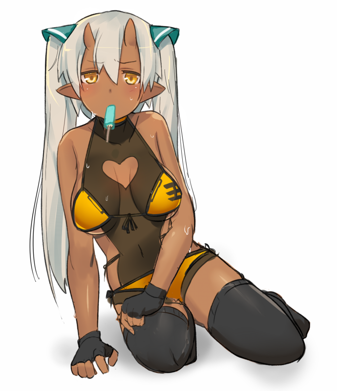 1girl arm_support bikini black_gloves black_legwear blush breasts cleavage cleavage_cutout collarbone covered_navel dark_skin fingerless_gloves food food_in_mouth front-tie_bikini front-tie_top full_body gloves hair_ornament heart_cutout horns katsudansou large_breasts leotard long_hair looking_at_viewer mouth_hold oni_horns original ouhana pointy_ears popsicle sagging_breasts shadow side-tie_bikini silver_hair simple_background sitting solo swimsuit swimsuit_over_clothes thigh-highs twintails under_boob wet white_background yellow_bikini yellow_eyes yokozuwari