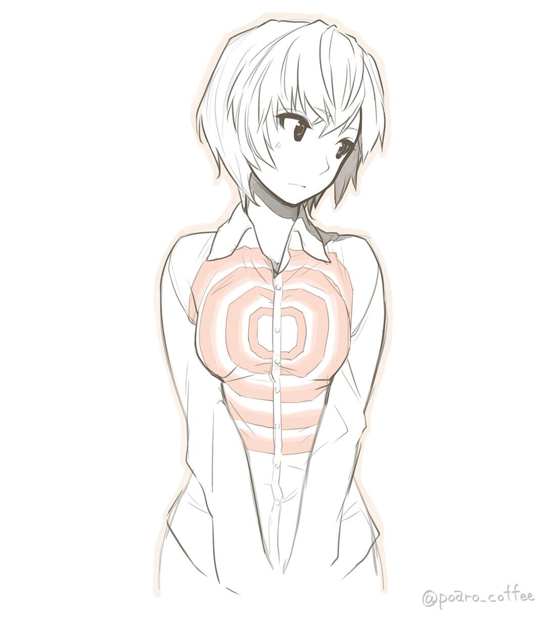 1girl at_field ayanami_rei blush commentary dress_shirt highres looking_away monochrome neon_genesis_evangelion outline poaro shirt shirt_tug short_hair simple_background solo spot_color twitter_username white_background