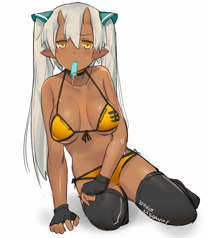 1girl arm_support bikini black_gloves black_legwear breasts choker fingerless_gloves food front-tie_top gloves katsudansou large_breasts looking_at_viewer mouth_hold oni_horns original ouhana pointy_ears popsicle sagging_breasts side-tie_bikini silver_hair simple_background sitting solo sweat swimsuit thigh-highs twintails white_background yellow_bikini yellow_eyes yokozuwari
