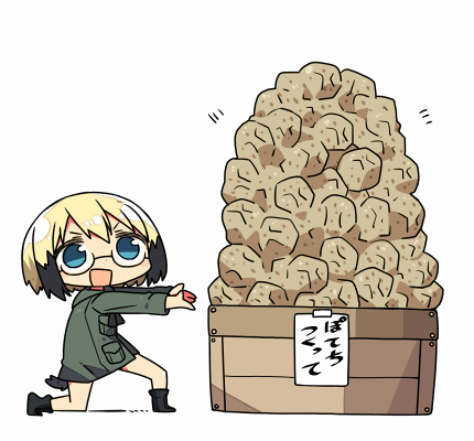 &gt;:d 1girl :d aqua_eyes blonde_hair box crate dog_tail glasses kanikama lowres military military_uniform multicolored_hair one_knee open_mouth outstretched_arms potato simple_background smile solo strike_witches tail two-tone_hair uniform ursula_hartmann white_background world_witches_series