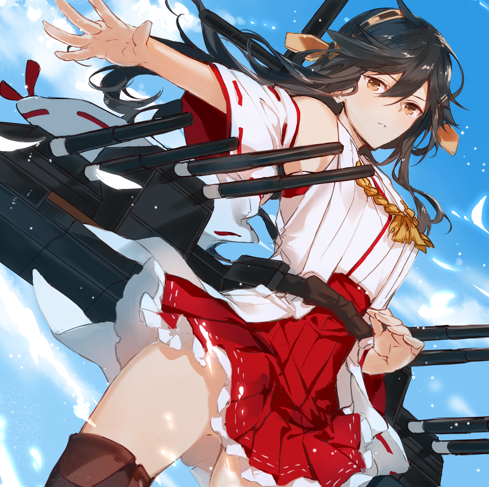 1girl black_hair brown_eyes clouds detached_sleeves dutch_angle frilled_skirt frills fukuda935 gluteal_fold haruna_(kantai_collection) kantai_collection miniskirt nontraditional_miko skirt sky solo turret wide_sleeves wind