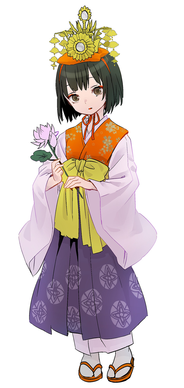 1girl :| ama-tou bangs black_hair brown_eyes closed_mouth crown expressionless eyebrows_visible_through_hair eyelashes eyeliner festival floral_print flower hakama head_tilt highres holding holding_flower japanese_clothes kimono lipstick long_sleeves looking_at_viewer makeup original pink_flower red_lipstick sandals sanpaku short_hair simple_background socks solo standing tabi traditional_clothes tsurime tulip white_background wide_sleeves zouri