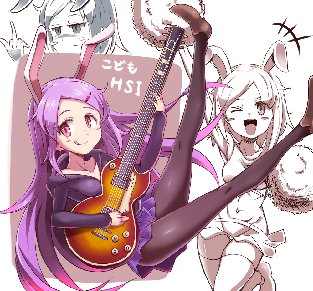 &gt;_o +++ 1girl :q ;d animal_ears arm_up armpits bangs bare_arms black_legwear blush_stickers breasts brown_shoes character_name cheering cheerleader closed_mouth collarbone commentary_request cookie_(touhou) crop_top gradient_hair guitar hair_ornament hairclip hood hood_down hoodie instrument long_hair long_sleeves looking_at_viewer medium_breasts microskirt middle_finger multicolored_hair multiple_tails music navel no_panties one_eye_closed open_mouth pantyhose parted_bangs pink_eyes playing_instrument pom_pom_(clothes) purple_hair purple_skirt rabbit_ears reisen_udongein_inaba shoes skirt sleeveless smile stomach tail thigh-highs thigh_gap tongue tongue_out touhou two-tone_hair yarumi_(suina)